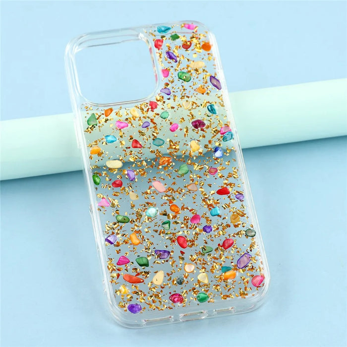 JAUCASE For iPhone 16 Pro Case Natural Colorful Stone Epoxy TPU PC Phone Back Cover - Gold - 6