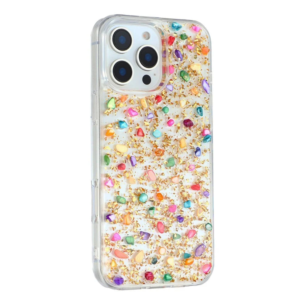 JAUCASE For iPhone 16 Pro Max Case Natural Colorful Stone Epoxy TPU PC Phone Back Cover - Gold - 1