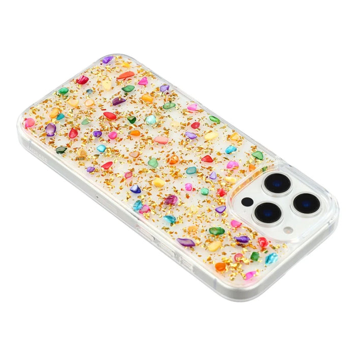 JAUCASE For iPhone 16 Pro Max Case Natural Colorful Stone Epoxy TPU PC Phone Back Cover - Gold - 5