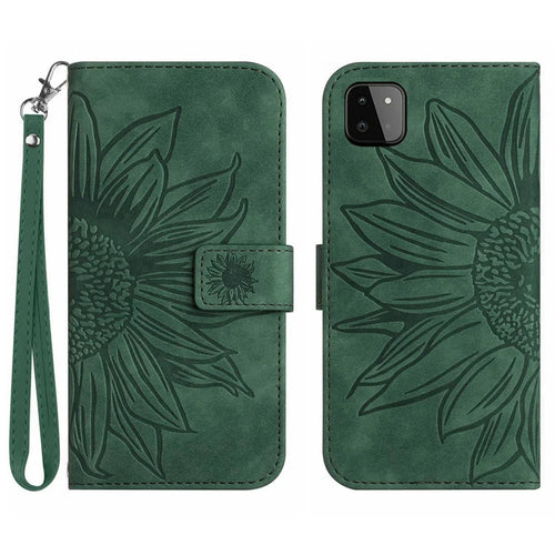 For Samsung Galaxy A22 5G (EU Version) HT04 Skin-Touch Sunflower Imprinted Phone Cover Wallet Scratch-proof Anti-drop Phone Case Stand with Hand Strap - Dark Green - 1