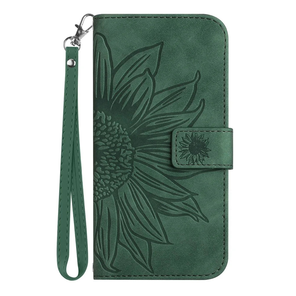 For Samsung Galaxy A22 5G (EU Version) HT04 Skin-Touch Sunflower Imprinted Phone Cover Wallet Scratch-proof Anti-drop Phone Case Stand with Hand Strap - Dark Green - 2