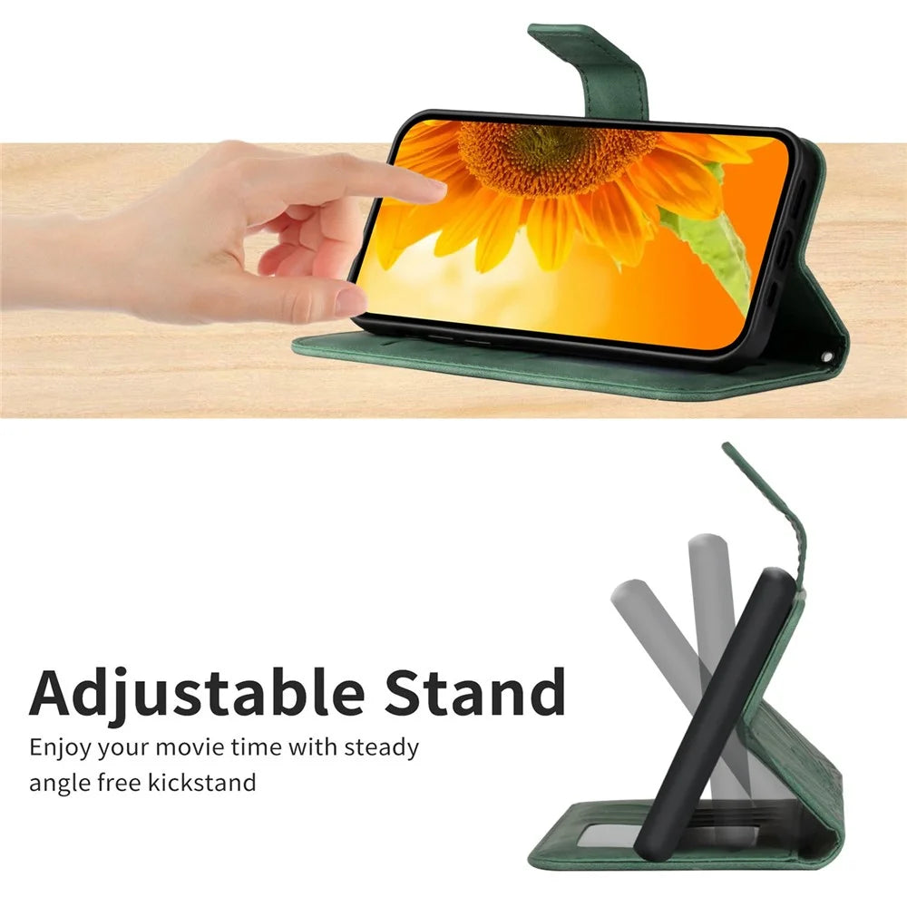 For Samsung Galaxy A22 5G (EU Version) HT04 Skin-Touch Sunflower Imprinted Phone Cover Wallet Scratch-proof Anti-drop Phone Case Stand with Hand Strap - Dark Green - 6