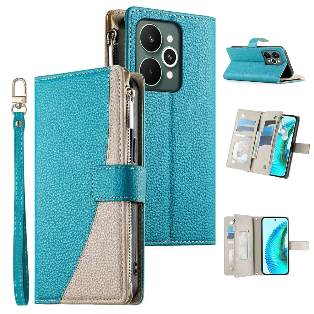 For Realme 15 5G / 15 Pro 5G Case Zipper Wallet Color Splicing Leather Flip Phone Cover with Straps - Lake Blue - 1