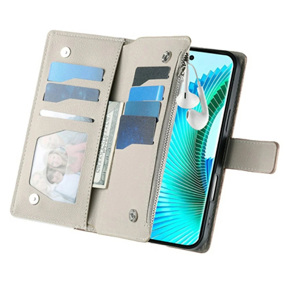 For Realme 15 5G / 15 Pro 5G Case Zipper Wallet Color Splicing Leather Flip Phone Cover with Straps - Lake Blue - 3