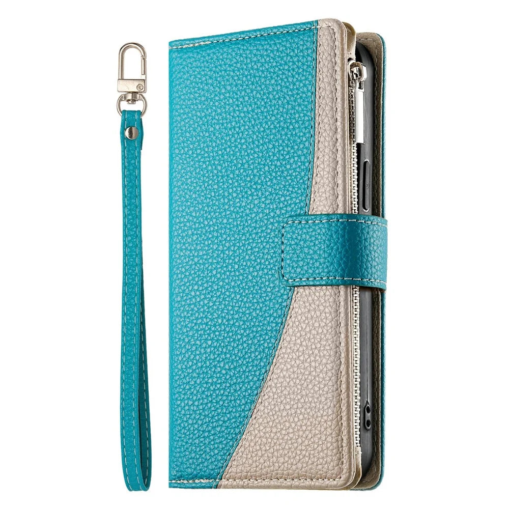 For Realme 15 5G / 15 Pro 5G Case Zipper Wallet Color Splicing Leather Flip Phone Cover with Straps - Lake Blue - 5