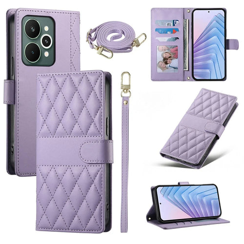 For Realme 15 Pro 5G  /  15 5G Case Rhombus Stitching Wallet Stand Leather Phone Cover with Long  /  Short Strap - Purple - 1