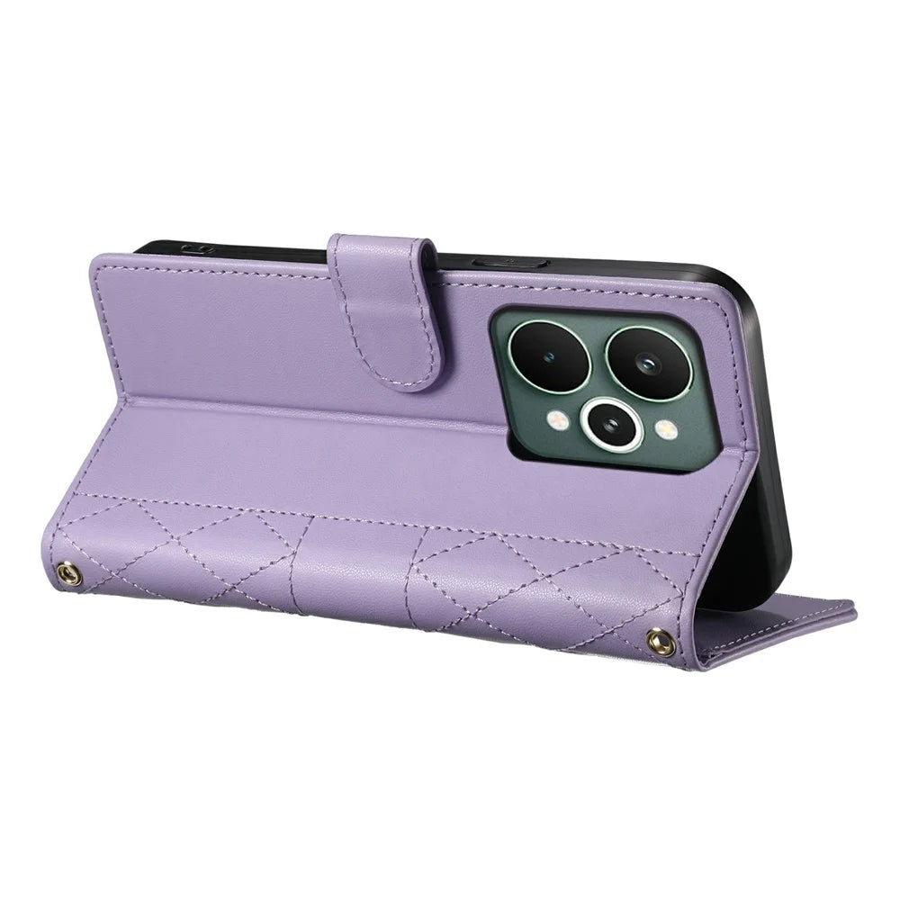 For Realme 15 Pro 5G  /  15 5G Case Rhombus Stitching Wallet Stand Leather Phone Cover with Long  /  Short Strap - Purple - 4