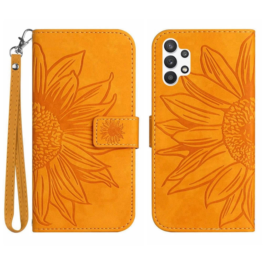 Anti-scratch Flip Phone Case For Samsung Galaxy A13 4G HT04 Imprinted Sunflower Stand PU Leather Skin-Touch Magnetic Wallet Cover with Strap - Yellow - 1