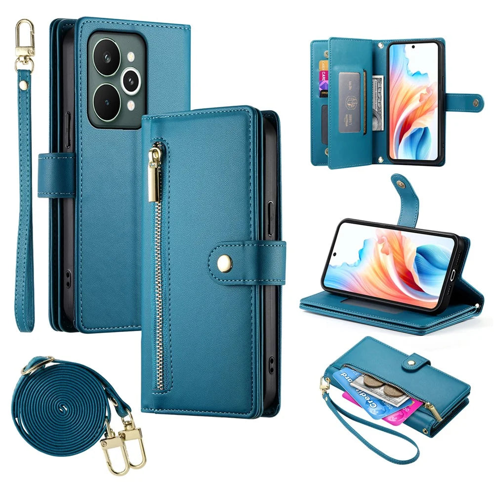 For Realme 15 Pro 5G  /  15 5G Case Zipper Pocket Wallet Leather Phone Cover with Straps - Blue - 1