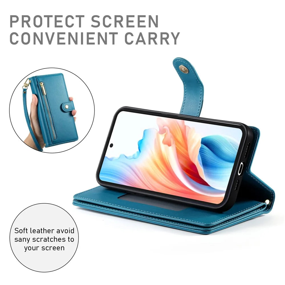 For Realme 15 Pro 5G  /  15 5G Case Zipper Pocket Wallet Leather Phone Cover with Straps - Blue - 4