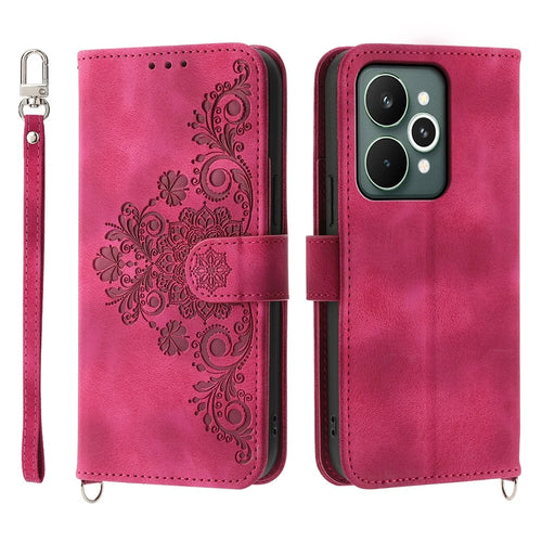 For Realme 15 Pro 5G / 15 5G Case Flower Pattern PU Leather Wallet Phone Cover with Strap - Wine Red - 1