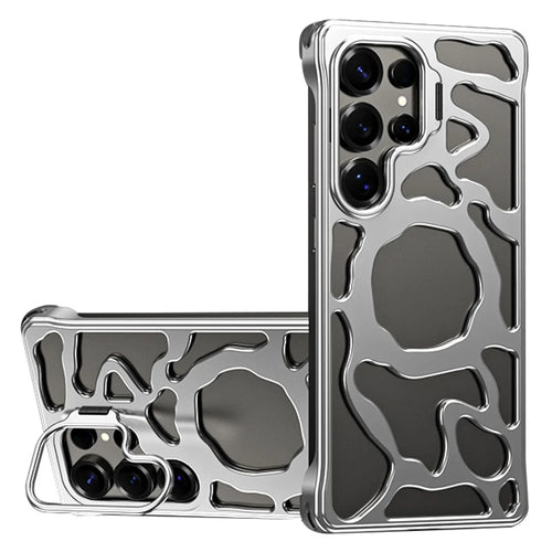 Auspicious Cloud Series For Samsung Galaxy S25 Ultra Hollow Case Aluminum Alloy Kickstand Magnetic Phone Cover - Silver - 1