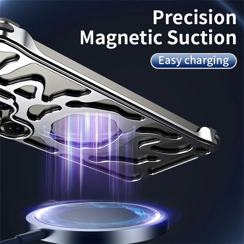 Auspicious Cloud Series For Samsung Galaxy S25 Ultra Hollow Case Aluminum Alloy Kickstand Magnetic Phone Cover - Silver - 2