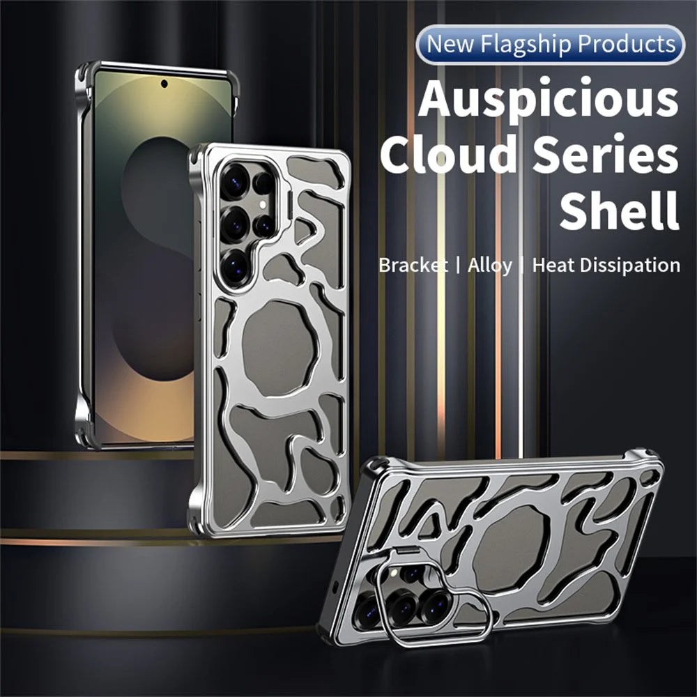 Auspicious Cloud Series For Samsung Galaxy S25 Ultra Hollow Case Aluminum Alloy Kickstand Magnetic Phone Cover - Silver - 6
