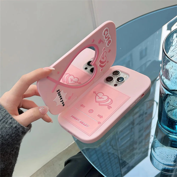 For iPhone 16 Pro Max Silicone Case Cute Flip Mirror Kickstand Shockproof Phone Back Cover - 5