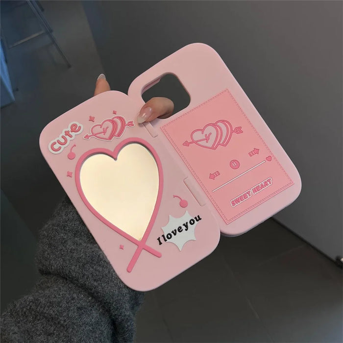 For iPhone 16 Pro Max Silicone Case Cute Flip Mirror Kickstand Shockproof Phone Back Cover - 6