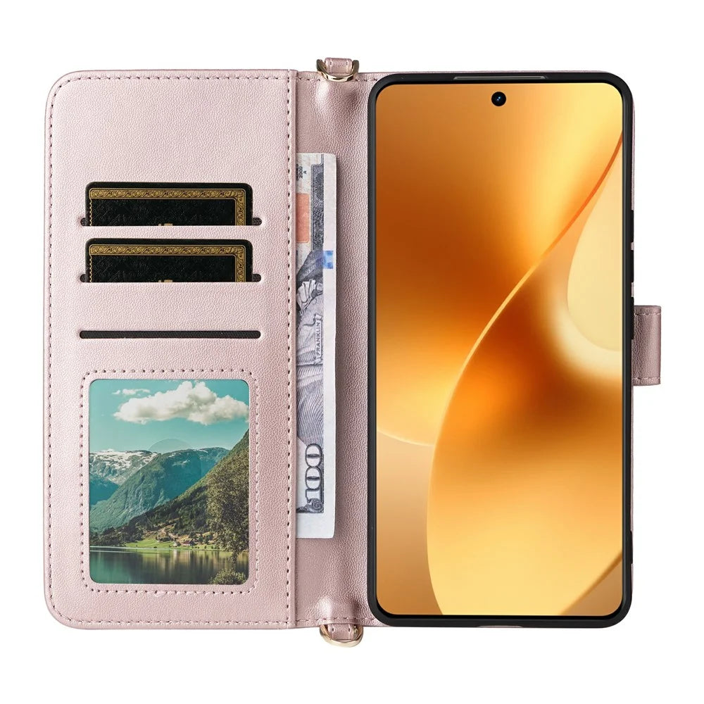 For Realme 15 Pro 5G / 15 5G Case with Shoulder  /  Wrist Strap Leather Phone Cover Stand Wallet - Pink - 3