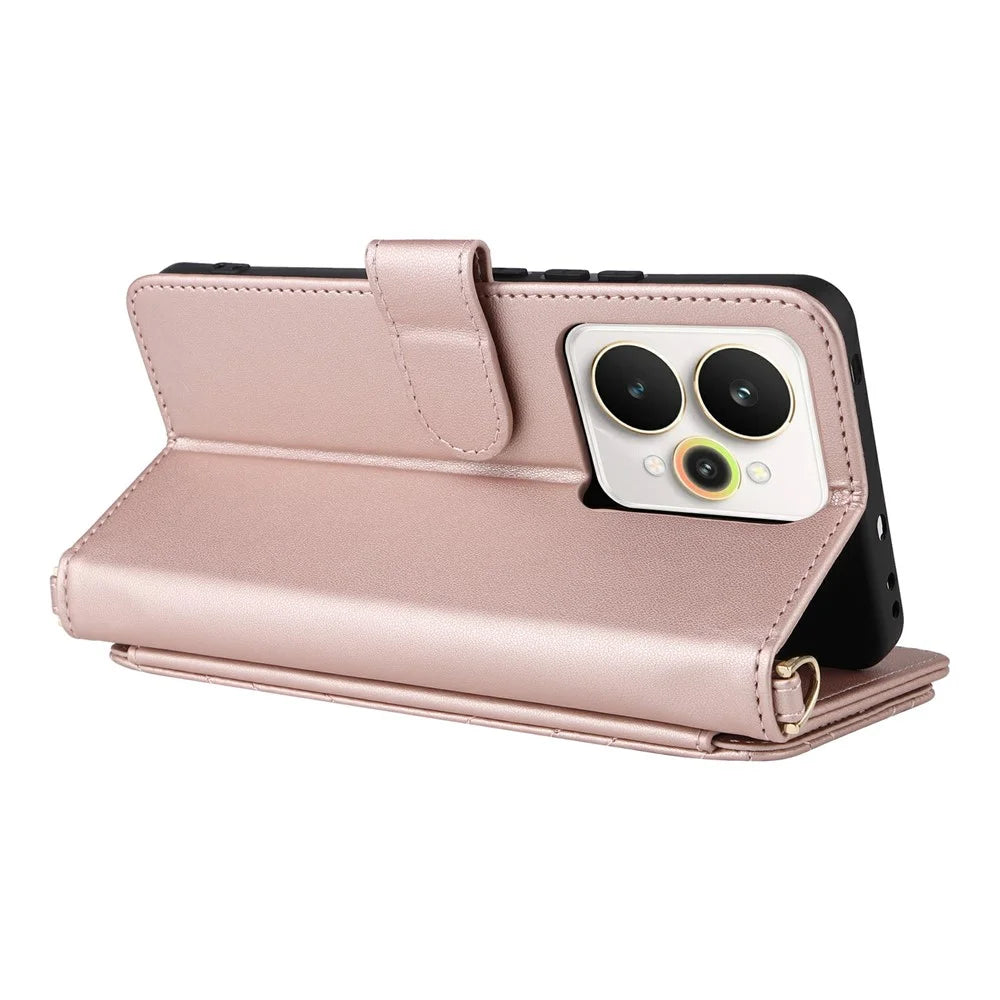 For Realme 15 Pro 5G / 15 5G Case with Shoulder  /  Wrist Strap Leather Phone Cover Stand Wallet - Pink - 6