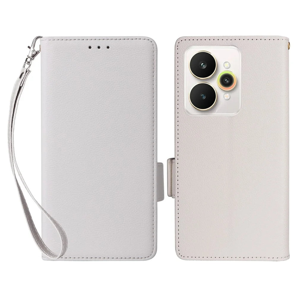 For Realme 15 Pro 5G / 15 5G Case with Wrist Strap Litchi Texture PU Leather Wallet Phone Cover - White - 1