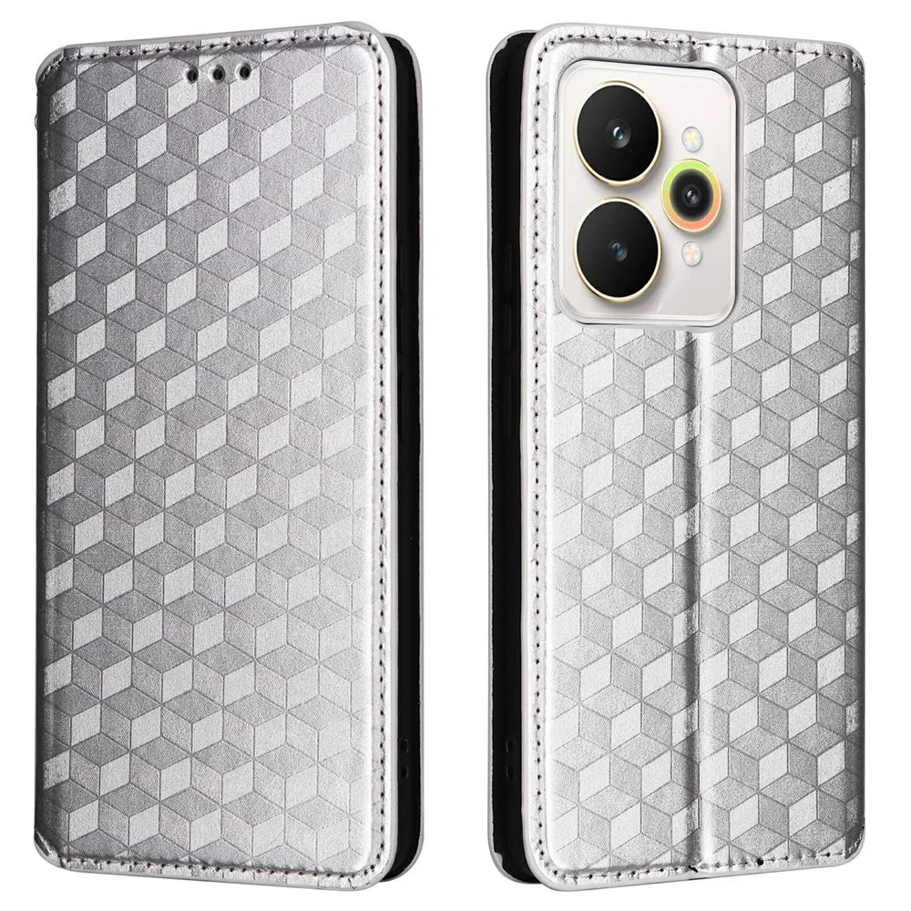 For Realme 15 Pro 5G / 15 5G Case Wallet Rhombus Imprinted Leather Phone Cover - Silver - 1