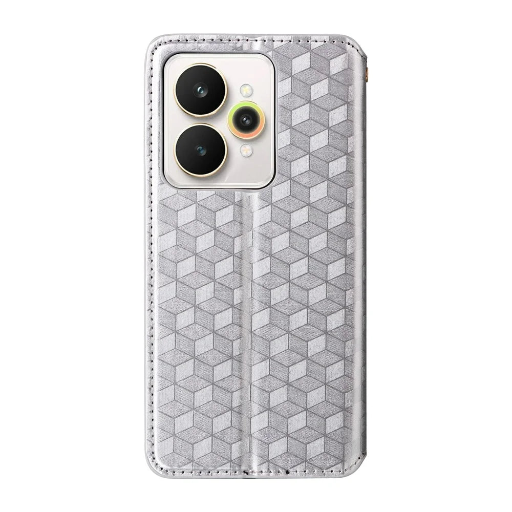 For Realme 15 Pro 5G / 15 5G Case Wallet Rhombus Imprinted Leather Phone Cover - Silver - 7