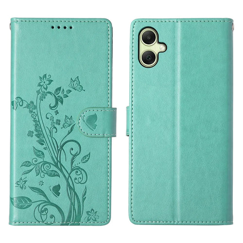 For Samsung Galaxy A08 5G / A08 4G / A07 5G / A07 4G Wallet Case Butterfly Floral Imprint PU Leather Phone Cover with Wrist Strap - Green - 1