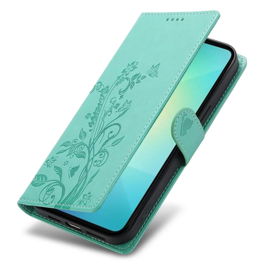 For Samsung Galaxy A08 5G / A08 4G / A07 5G / A07 4G Wallet Case Butterfly Floral Imprint PU Leather Phone Cover with Wrist Strap - Green - 5