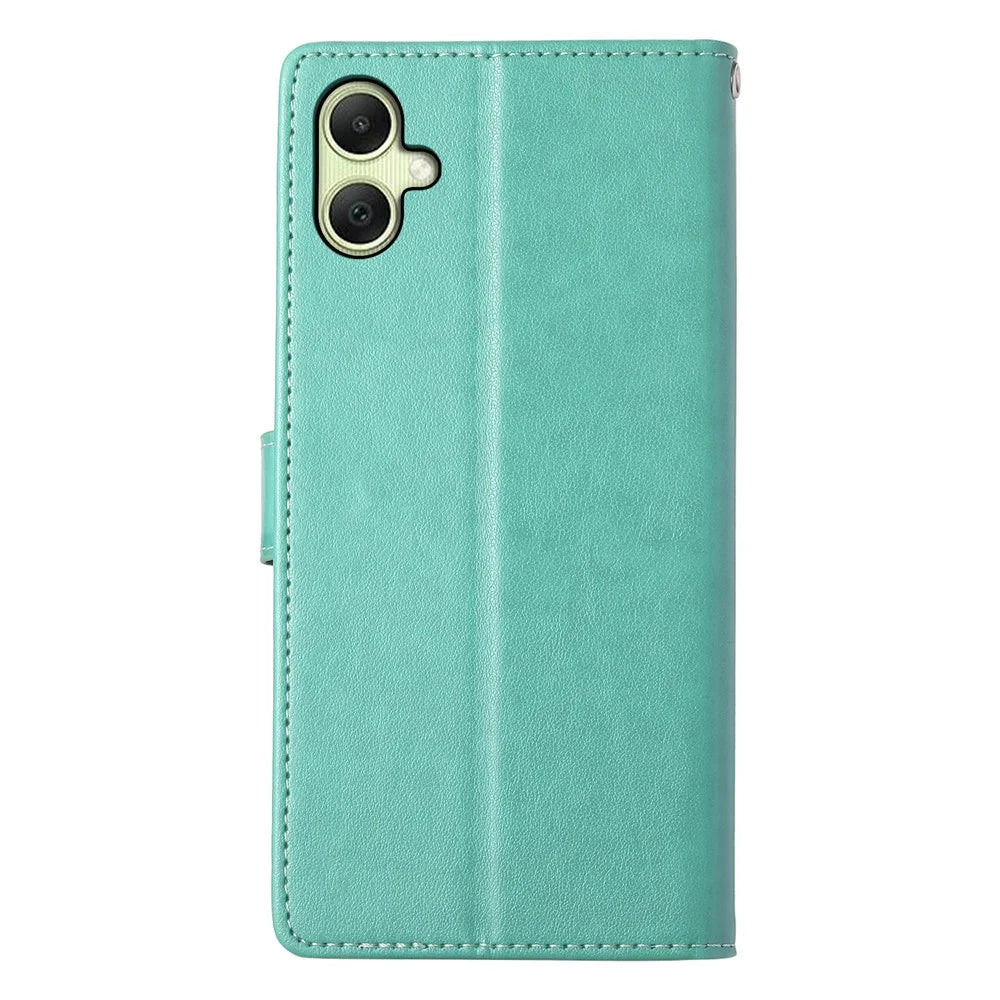 For Samsung Galaxy A08 5G / A08 4G / A07 5G / A07 4G Wallet Case Butterfly Floral Imprint PU Leather Phone Cover with Wrist Strap - Green - 7