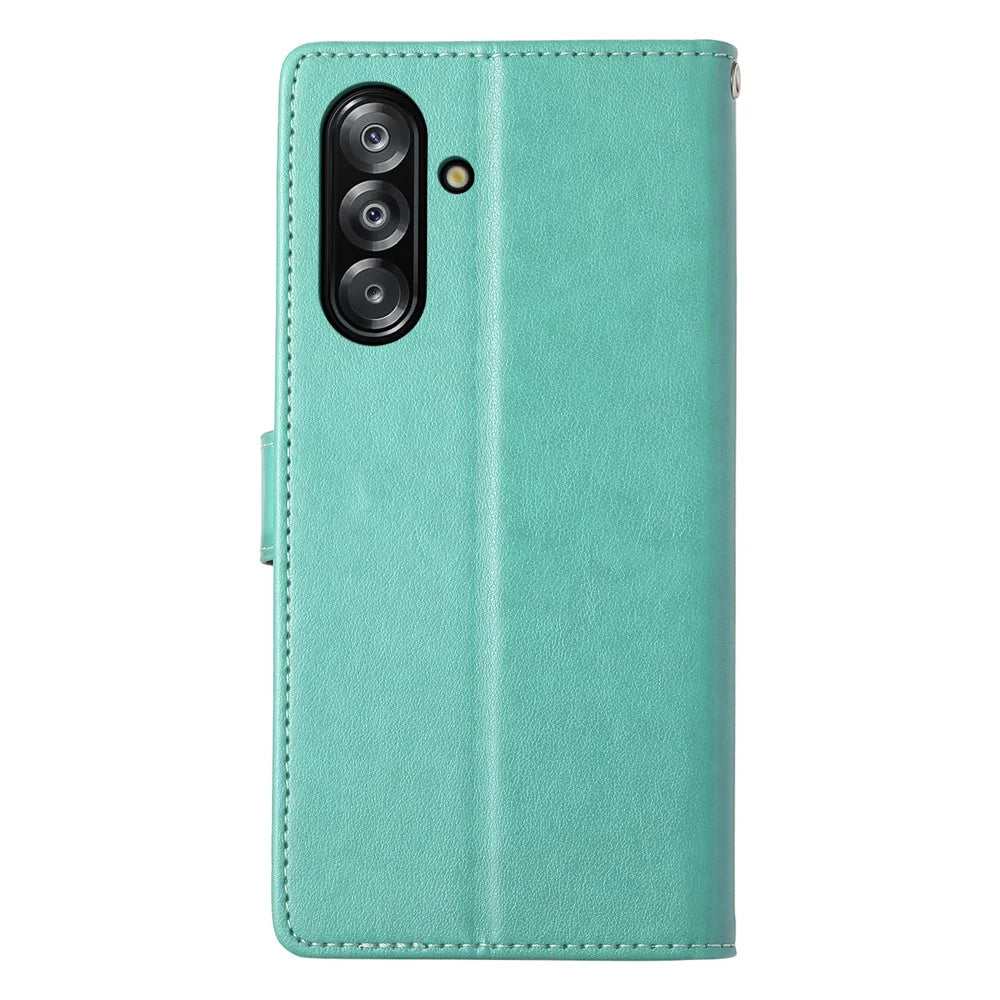 For Samsung Galaxy A18 5G / A18 4G / A17 5G / A17 4G Wallet Case Butterfly Floral Imprint PU Leather Phone Cover with Wrist Strap - Green - 7