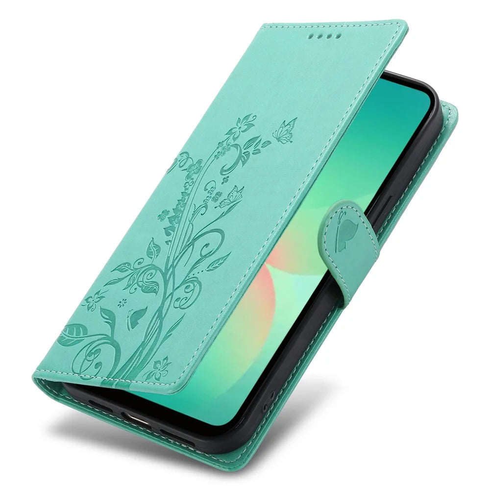 For Samsung Galaxy S25 FE Wallet Case Butterfly Floral Imprint PU Leather Phone Cover with Wrist Strap - Green - 5