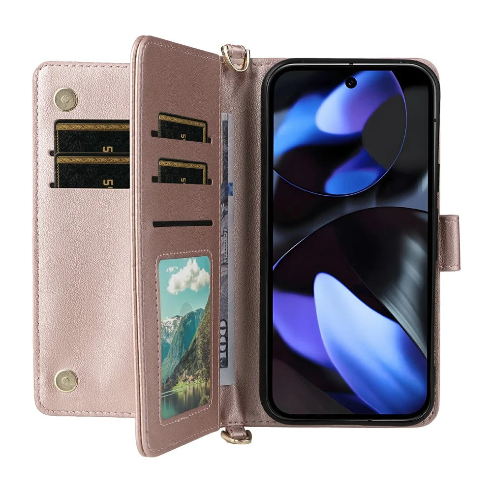 For Google Pixel 10 / 10 Pro Case with Shoulder  /  Wrist Strap Leather Phone Cover Stand Wallet - Pink - 2