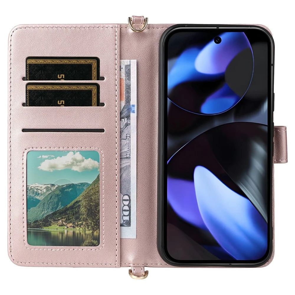 For Google Pixel 10 / 10 Pro Case with Shoulder  /  Wrist Strap Leather Phone Cover Stand Wallet - Pink - 4