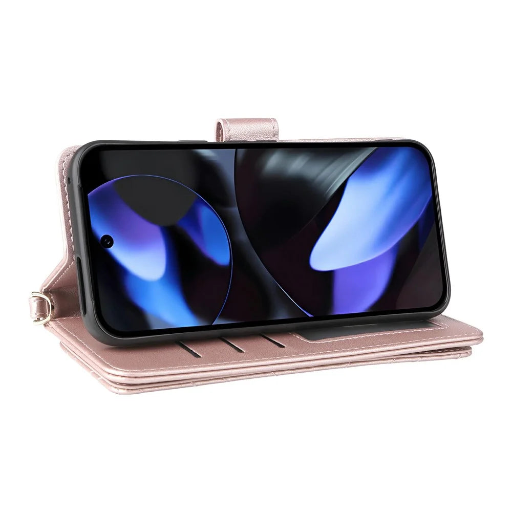 For Google Pixel 10 / 10 Pro Case with Shoulder  /  Wrist Strap Leather Phone Cover Stand Wallet - Pink - 5