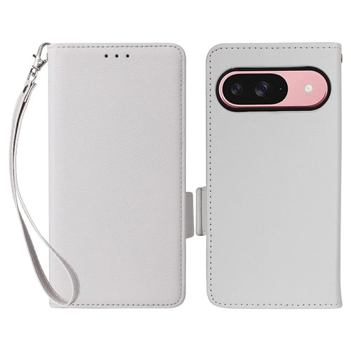 For Google Pixel 10 / 10 Pro Case with Wrist Strap Litchi Texture PU Leather Wallet Phone Cover - White - 1