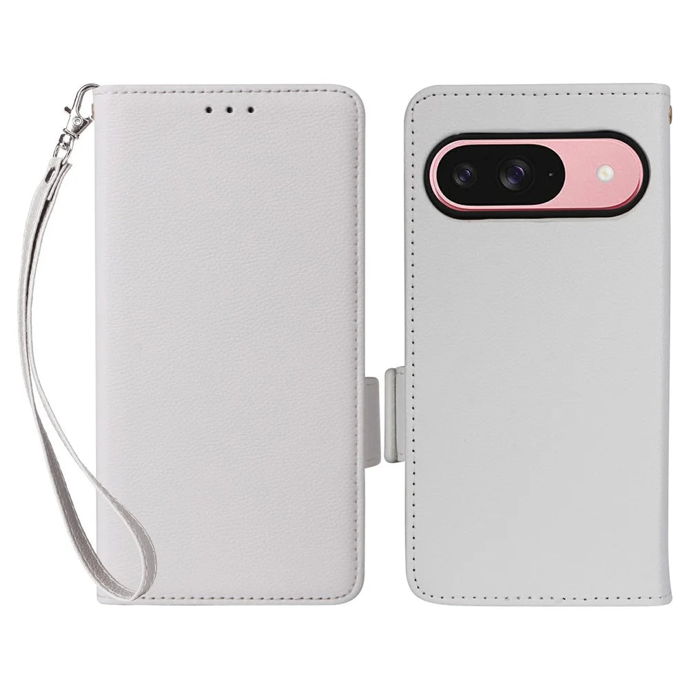 For Google Pixel 10 / 10 Pro Case with Wrist Strap Litchi Texture PU Leather Wallet Phone Cover - White - 1