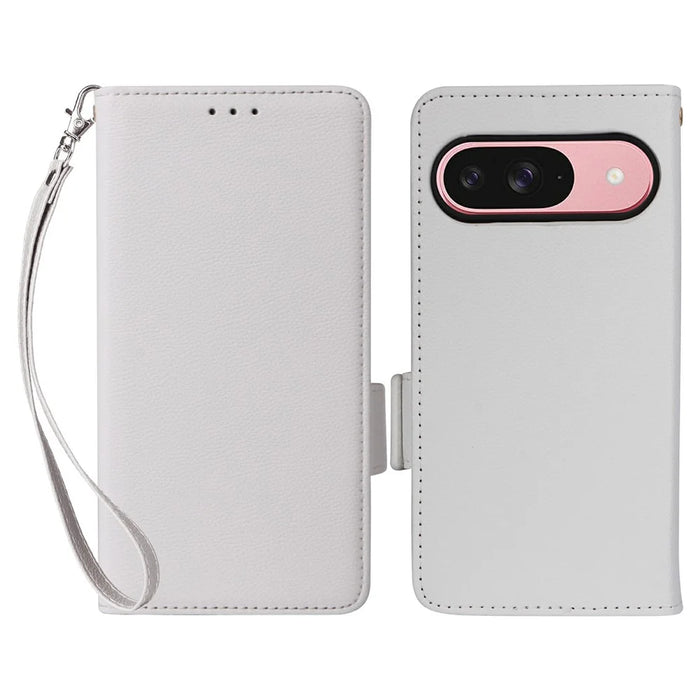 For Google Pixel 10 / 10 Pro Case with Wrist Strap Litchi Texture PU Leather Wallet Phone Cover - White - 1