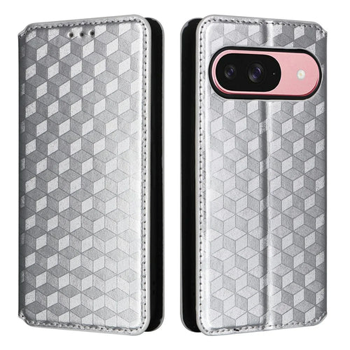 For Google Pixel 10 / 10 Pro Case Wallet Rhombus Imprinted Leather Phone Cover - Silver - 1