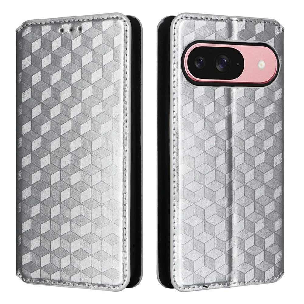 For Google Pixel 10 / 10 Pro Case Wallet Rhombus Imprinted Leather Phone Cover - Silver - 1