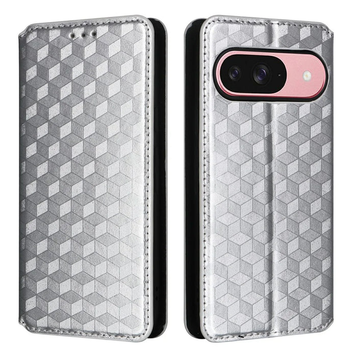 For Google Pixel 10 / 10 Pro Case Wallet Rhombus Imprinted Leather Phone Cover - Silver - 1