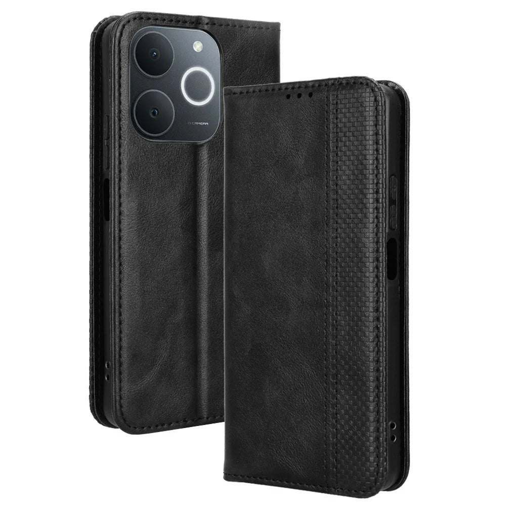 Leather Case for Realme Note 70T 4G / Narzo 80 Lite 4G / Realme C71 4G (India) Wallet Stand Retro Texture Phone Cover - Black - 1