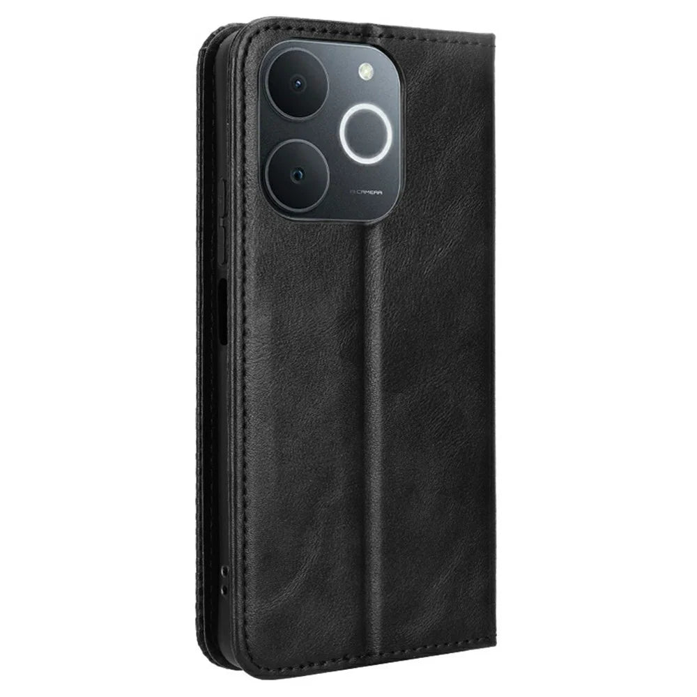 Leather Case for Realme Note 70T 4G / Narzo 80 Lite 4G / Realme C71 4G (India) Wallet Stand Retro Texture Phone Cover - Black - 6