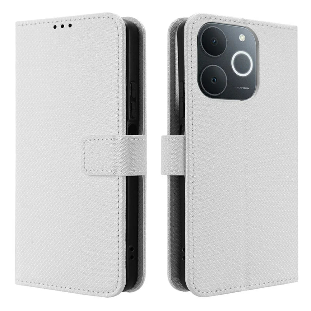 Leather Wallet Case for Realme Note 70T 4G / Narzo 80 Lite 4G / Realme C71 4G (India) Diamond Texture Phone Cover with Strap - White - 1