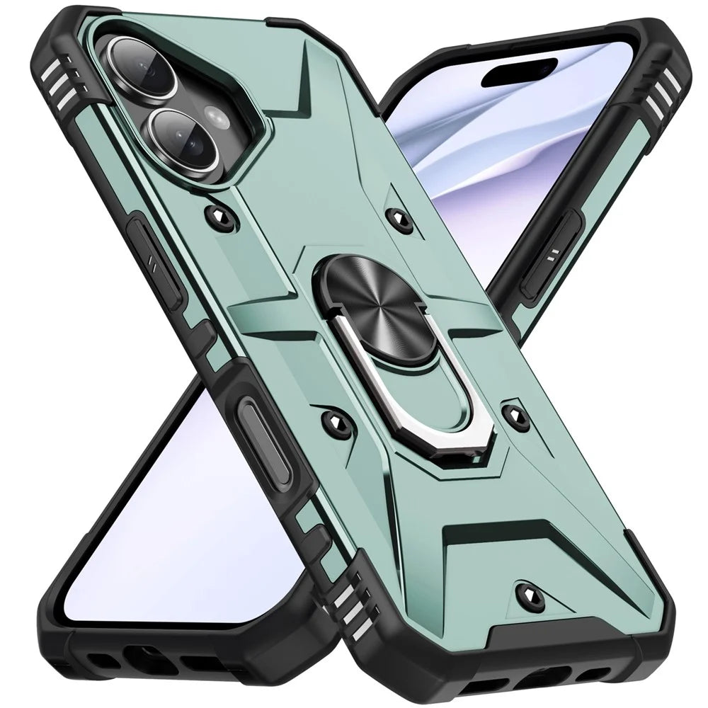 For iPhone 17 Case PC + TPU Anti-Drop Phone Cover with Ring Kickstand - Dark Green - 2