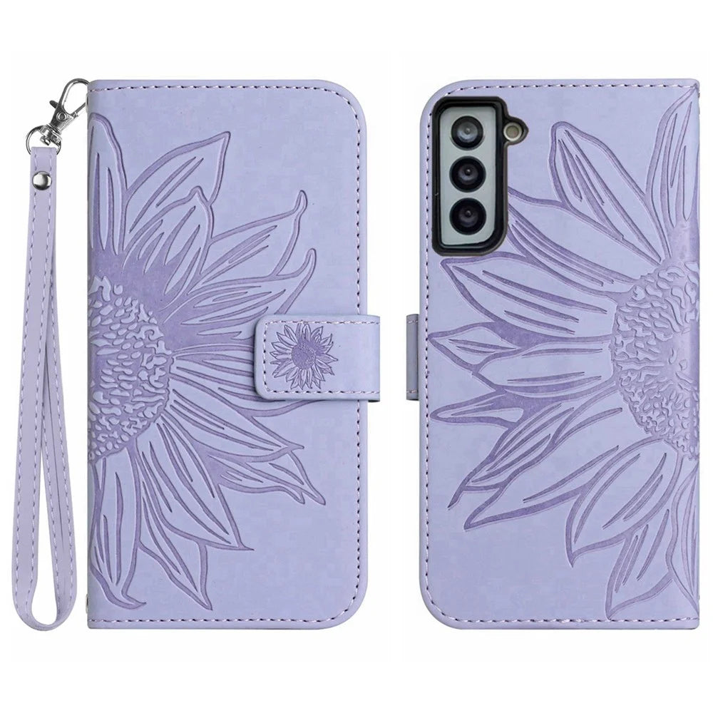 For Samsung Galaxy S22 5G HT04 Phone Case, Full Coverage Skin-Touch PU Leather Imprinted Sunflower Stand Wallet Cover with Hand Strap - Light Purple - 1