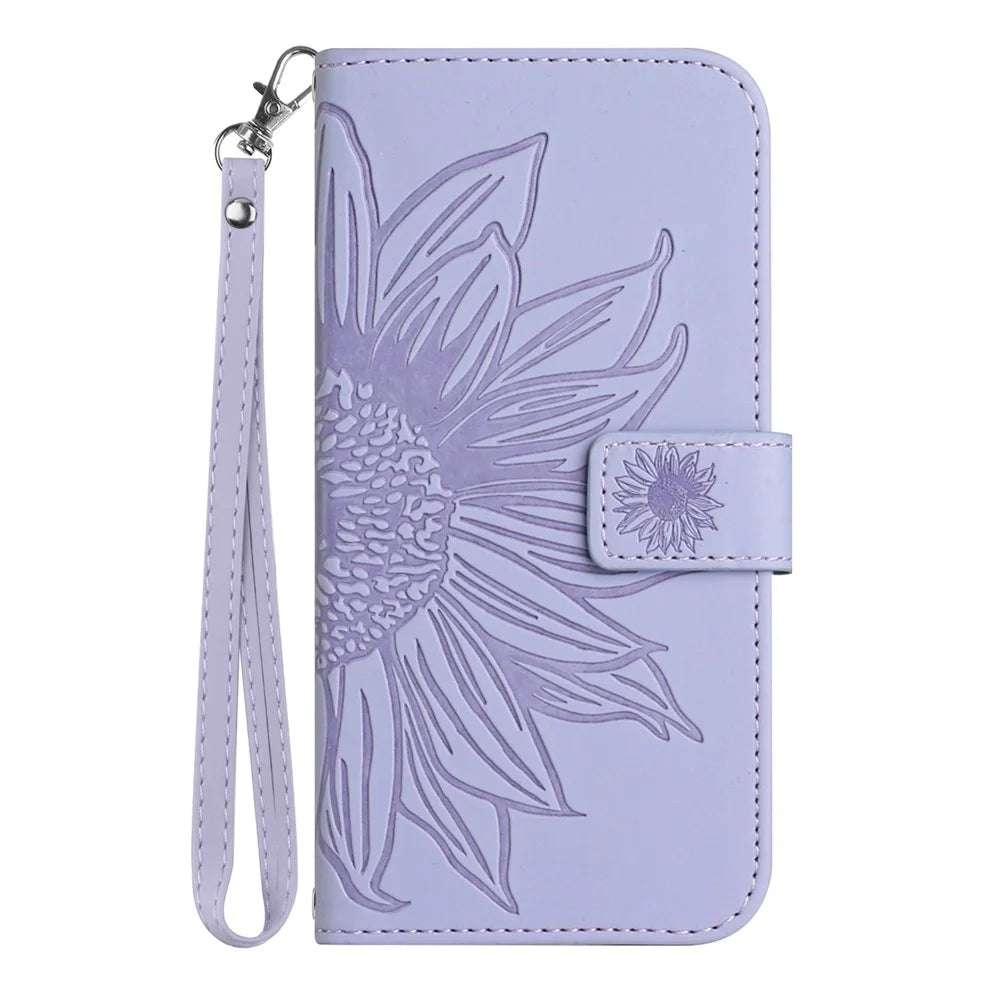For Samsung Galaxy S22 5G HT04 Phone Case, Full Coverage Skin-Touch PU Leather Imprinted Sunflower Stand Wallet Cover with Hand Strap - Light Purple - 2