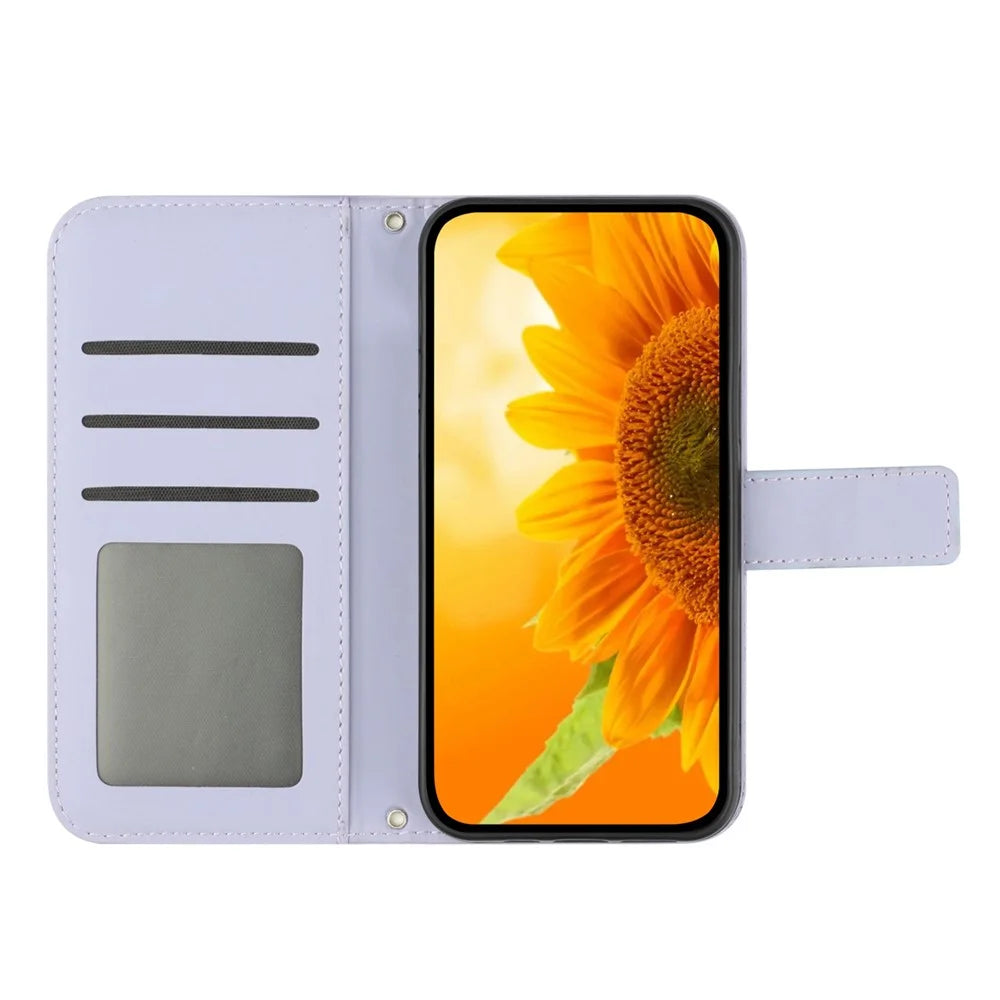 For Samsung Galaxy S22 5G HT04 Phone Case, Full Coverage Skin-Touch PU Leather Imprinted Sunflower Stand Wallet Cover with Hand Strap - Light Purple - 3