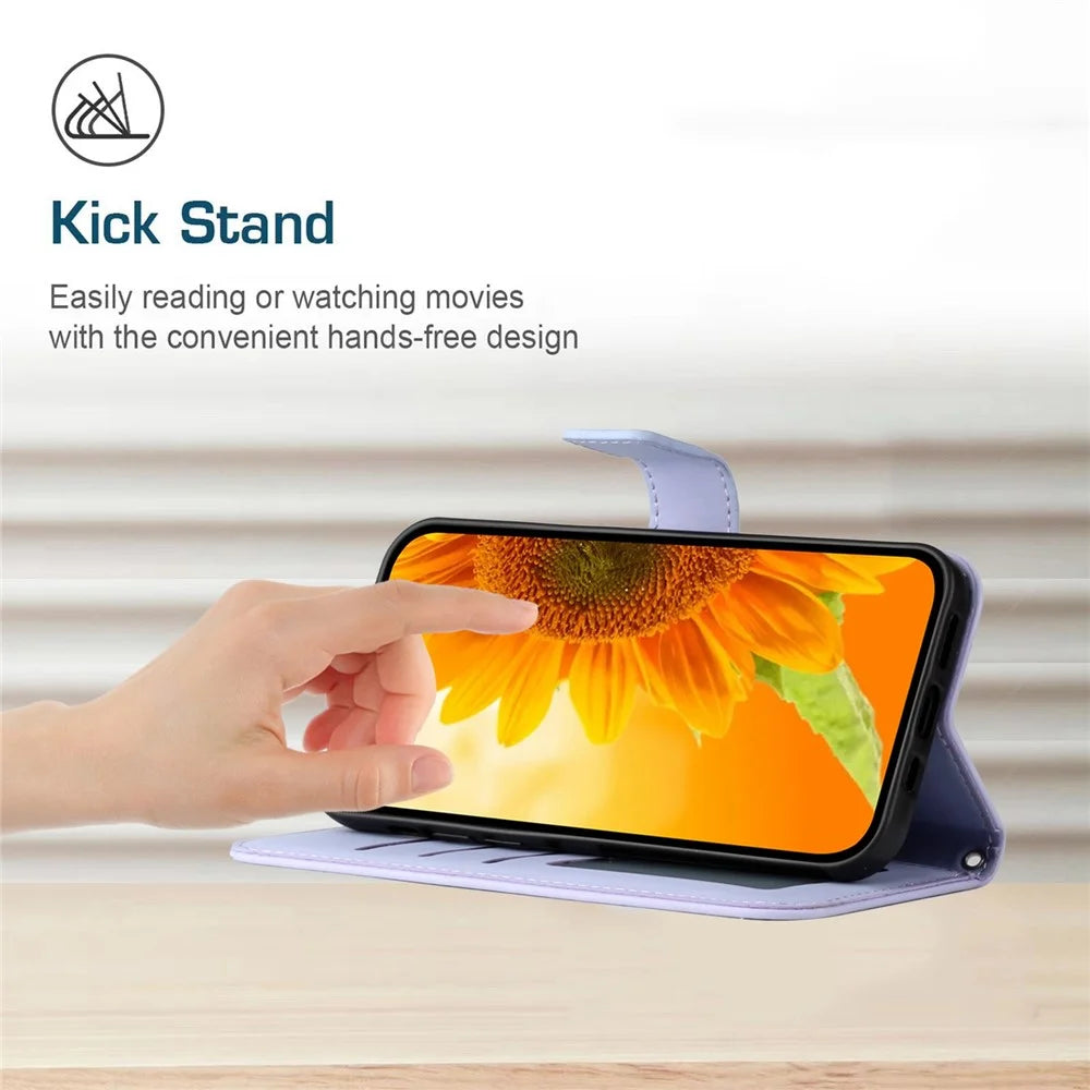 For Samsung Galaxy S22 5G HT04 Phone Case, Full Coverage Skin-Touch PU Leather Imprinted Sunflower Stand Wallet Cover with Hand Strap - Light Purple - 4
