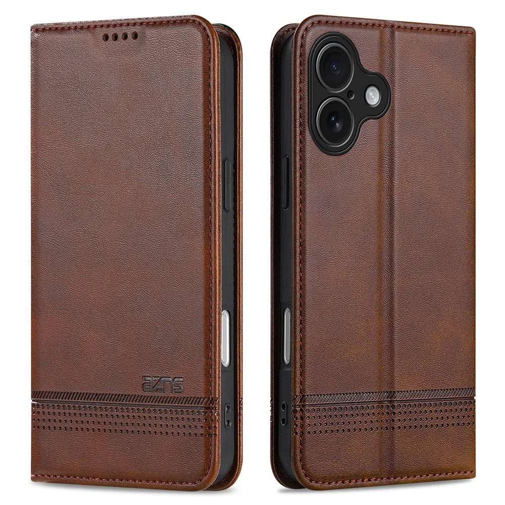 AZNS For iPhone 17 Case Cowhide Texture PU Leather Wallet Phone Cover - Coffee - 1