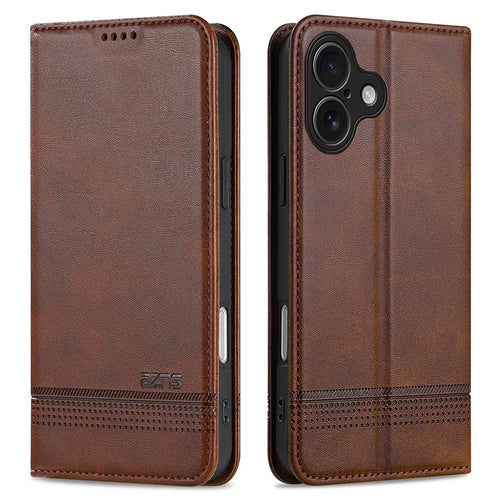AZNS For iPhone 17 Case Cowhide Texture PU Leather Wallet Phone Cover - Coffee - 1