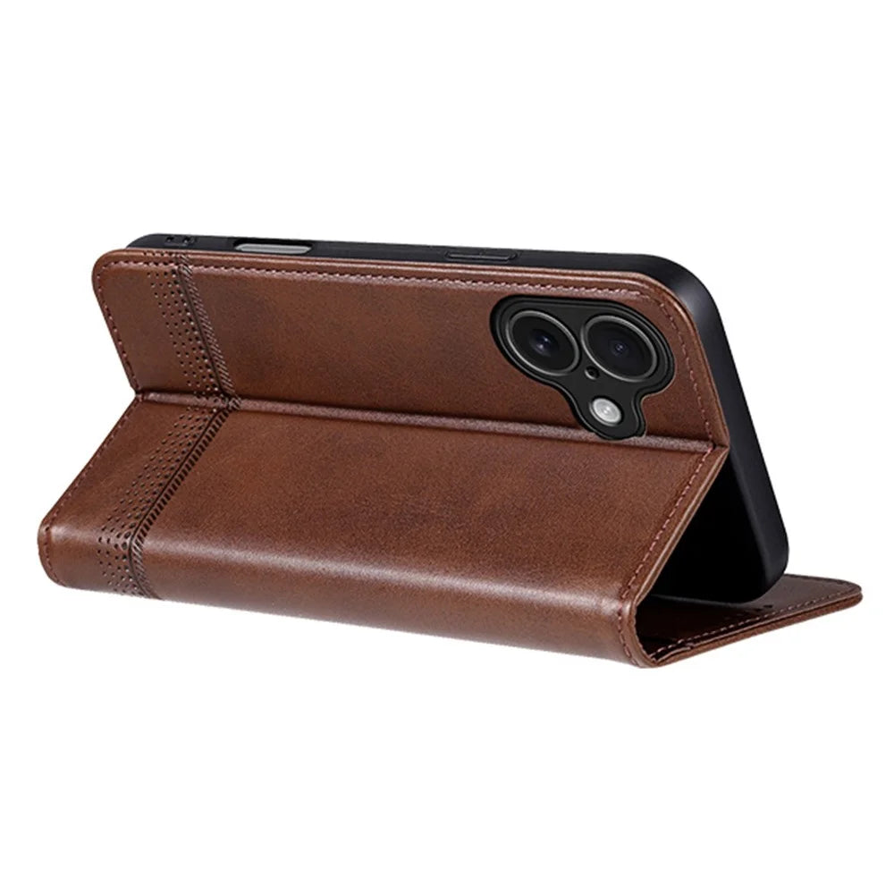 AZNS For iPhone 17 Case Cowhide Texture PU Leather Wallet Phone Cover - Coffee - 3